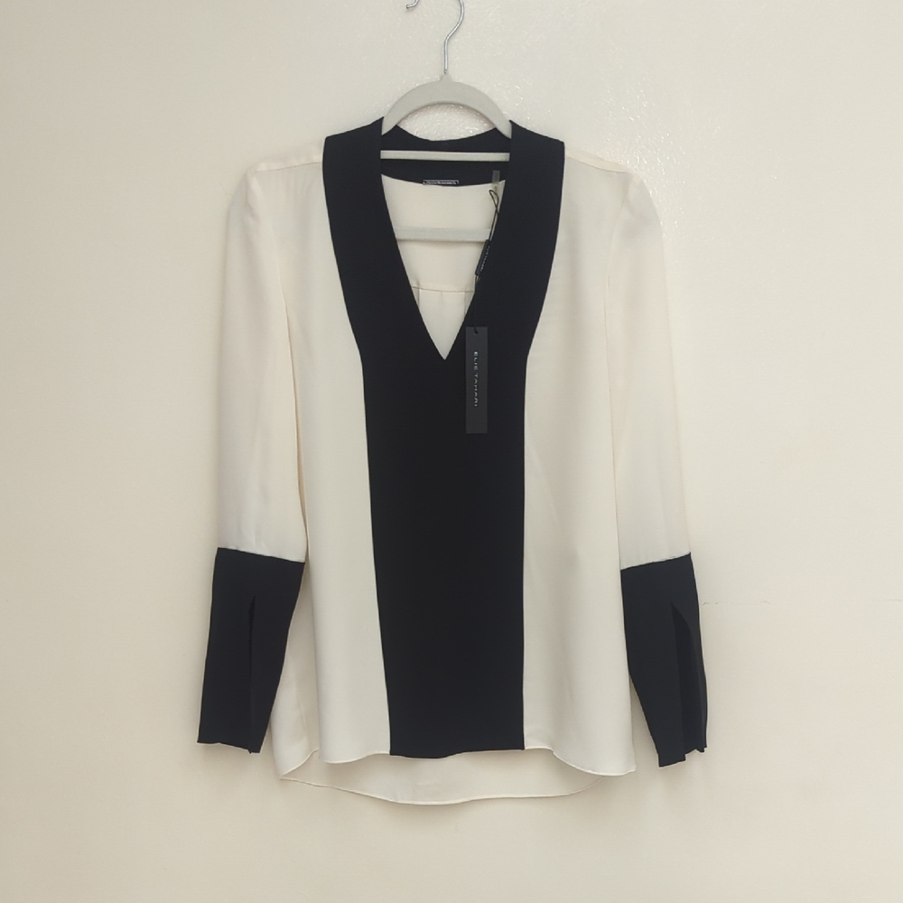 Elegant Black And Cream Silk      Elie Tahari Blouse